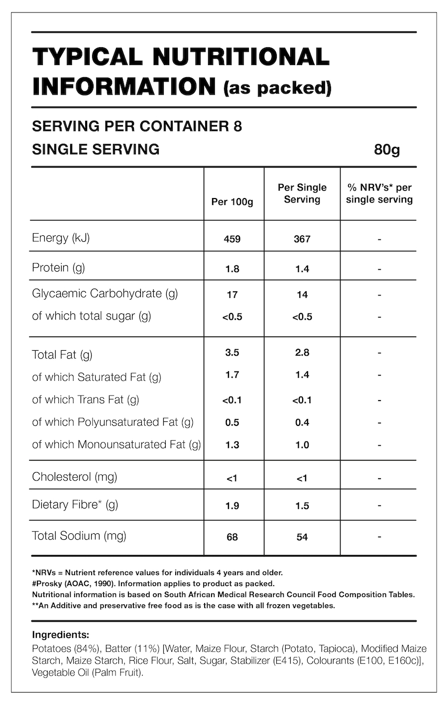 Table with Nutrition Information for the product