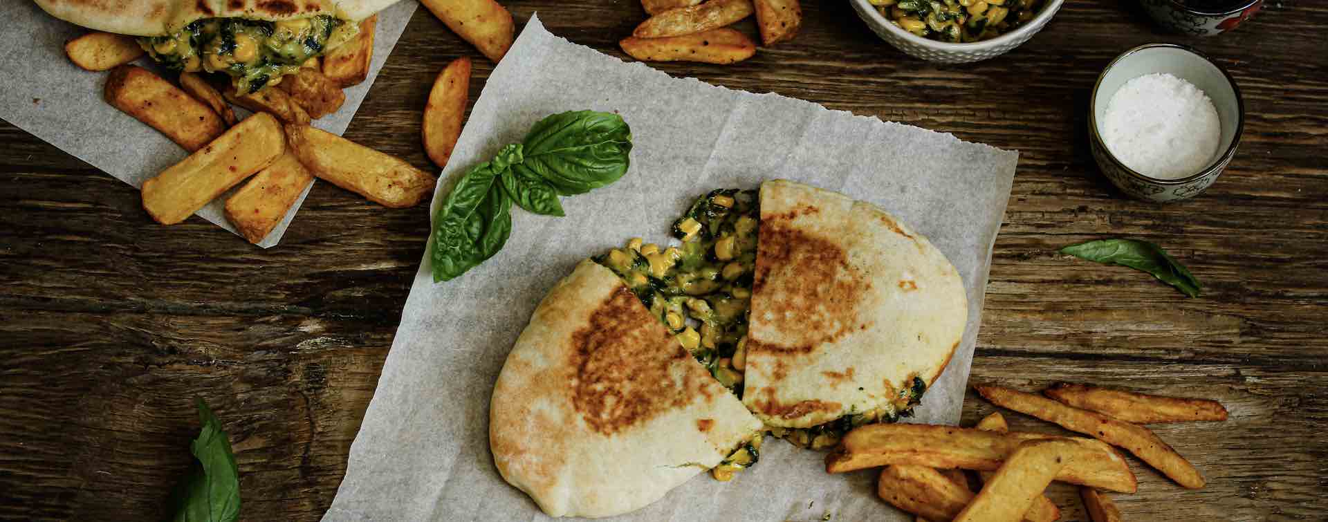 Spinach & Corn Pitas With Oven Chips