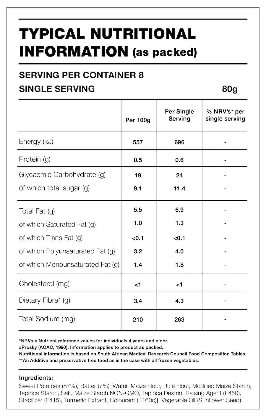 Table with Nutrition Information for the product