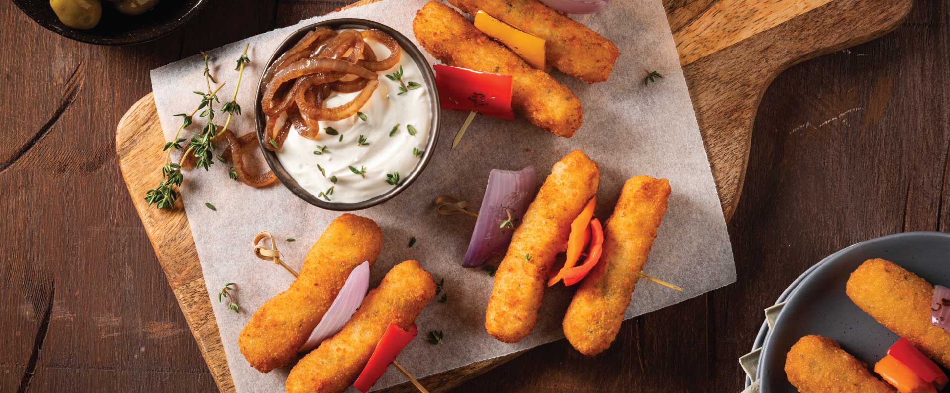 McCain Veggie Fingers Skewer With A Cream Cheese And Caramelized Onion Dip