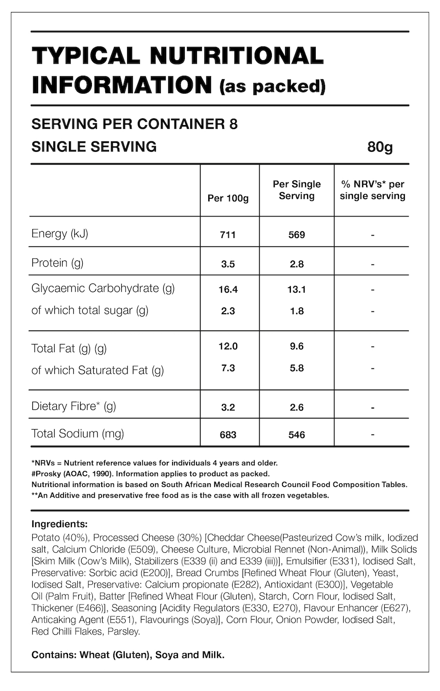 Table with Nutrition Information for the product