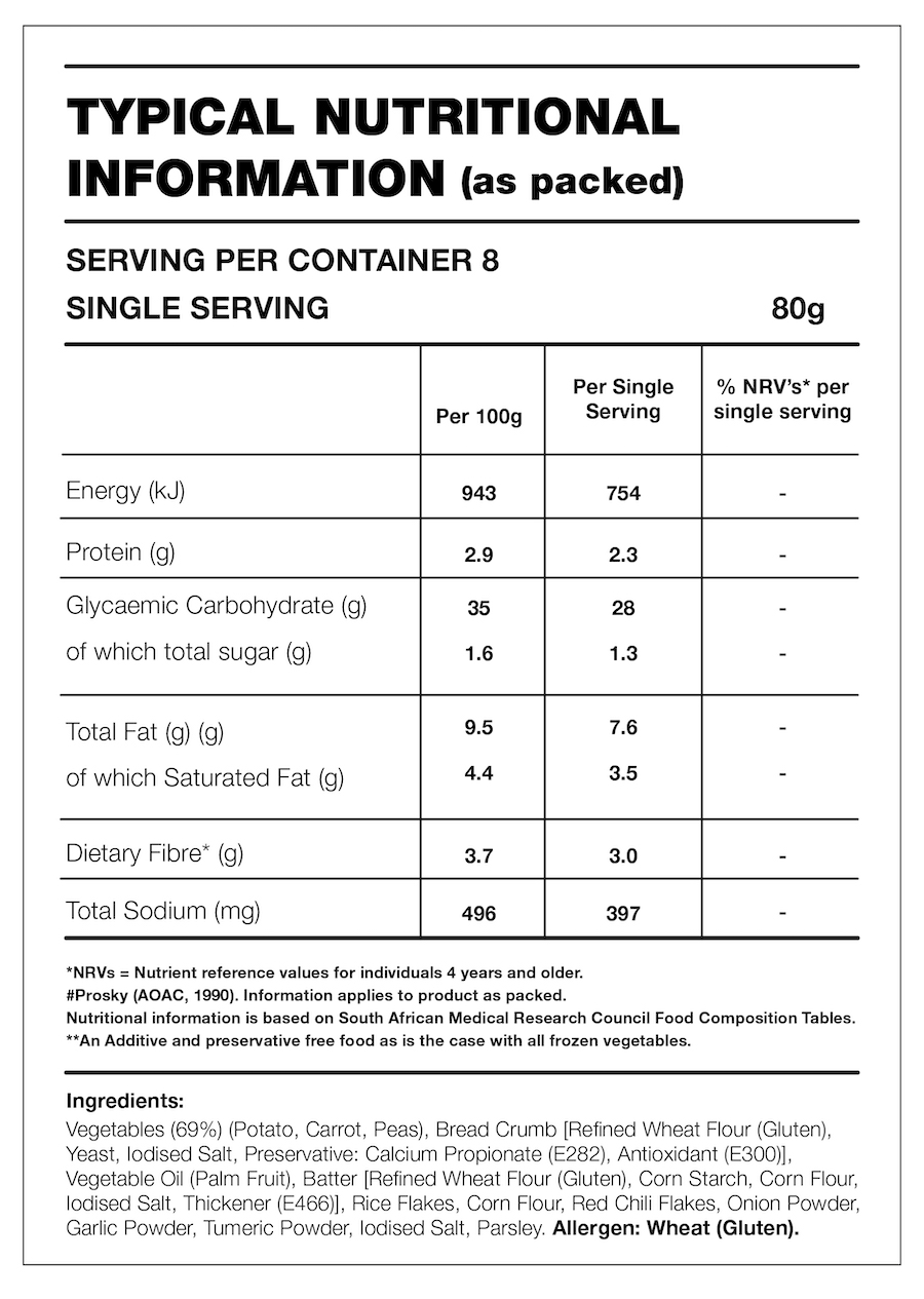 Table with Nutrition Information for the product