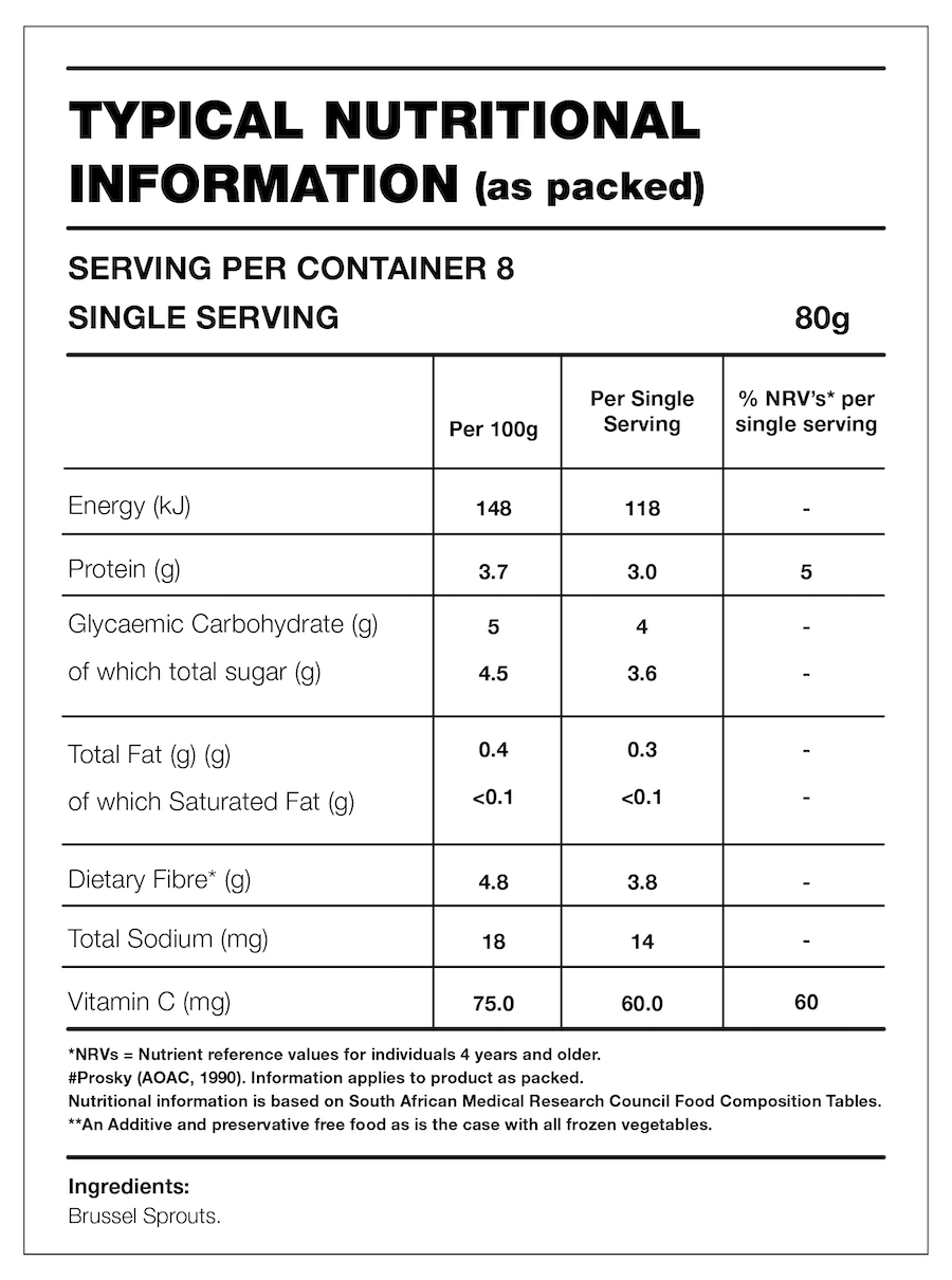 Table with Nutrition Information for the product