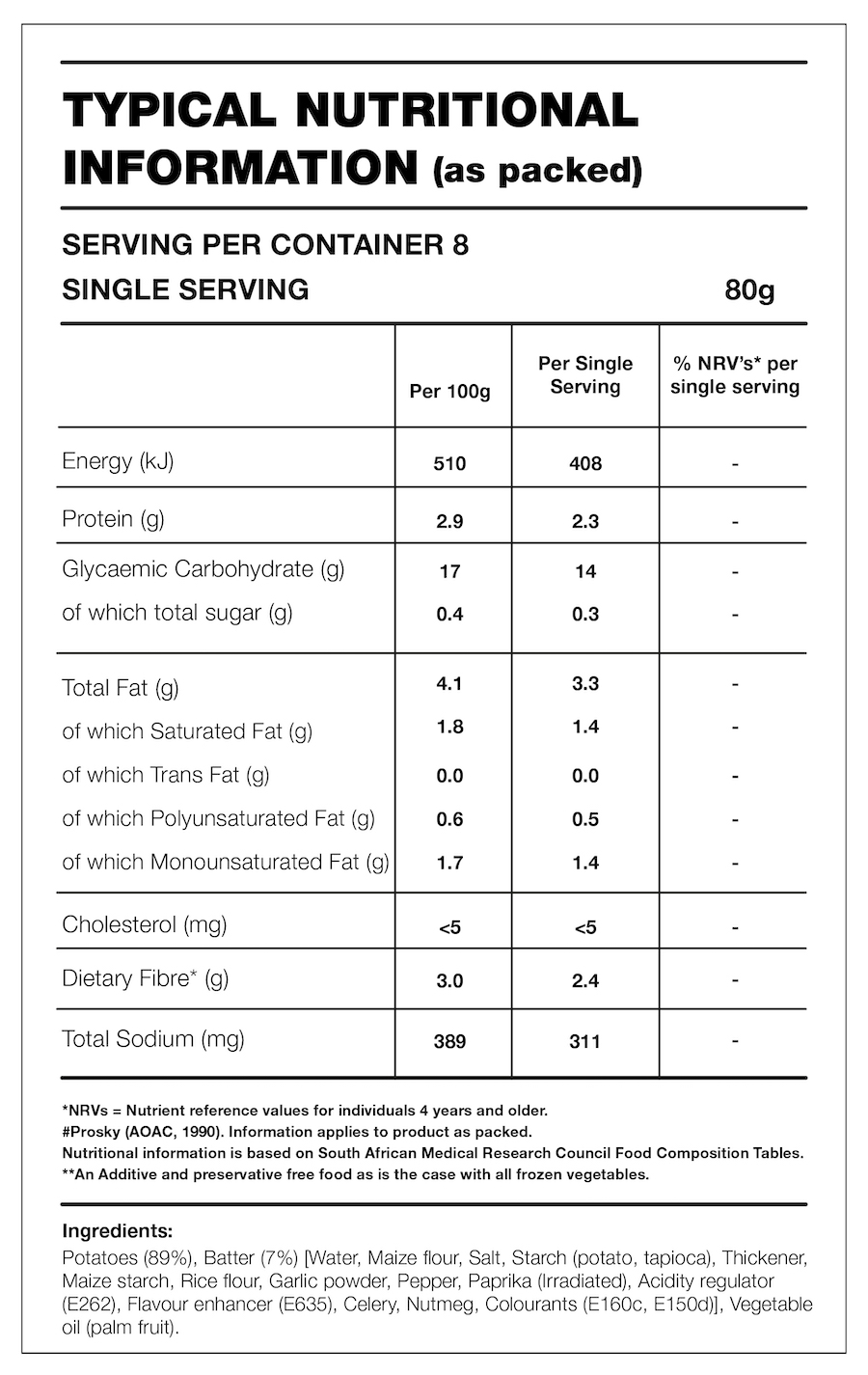 Table with Nutrition Information for the product