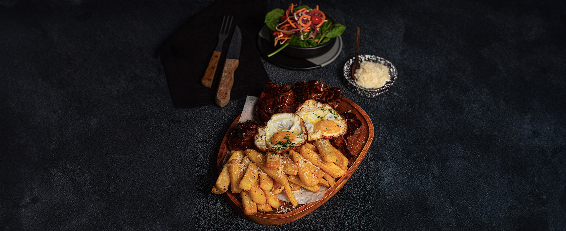 Garlic Parmesan Fries, chops & eggs