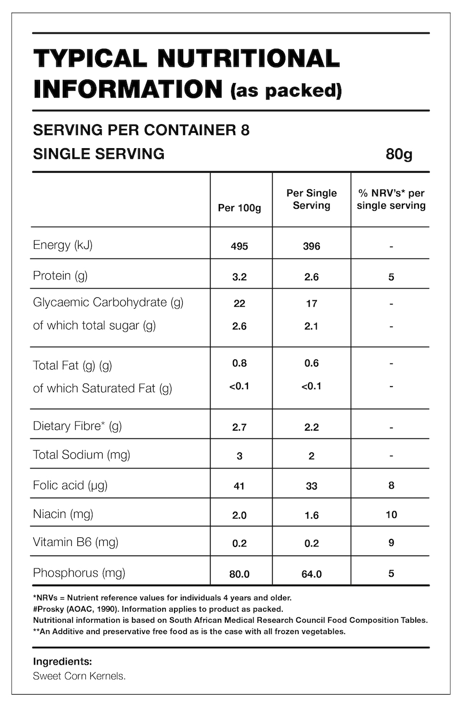 Table with Nutrition Information for the product