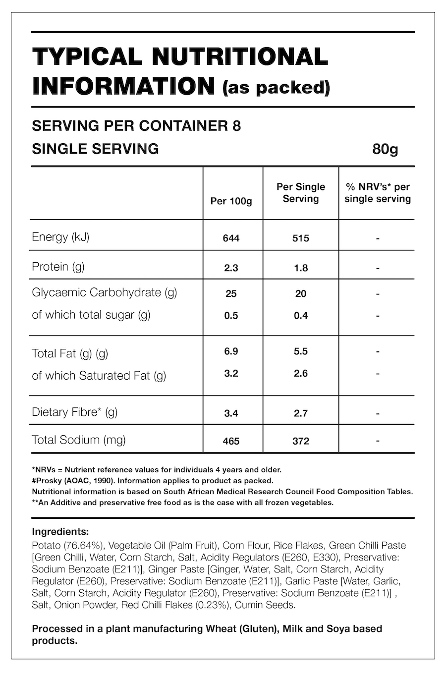 Table with Nutrition Information for the product