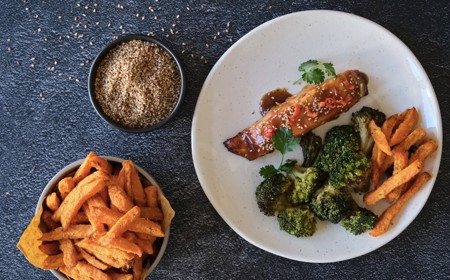 Teriyaki Glazed Salmon & Sweet Potato Fries