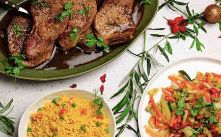 Glazed Pork Chops with Stir Fry Veg and Rice