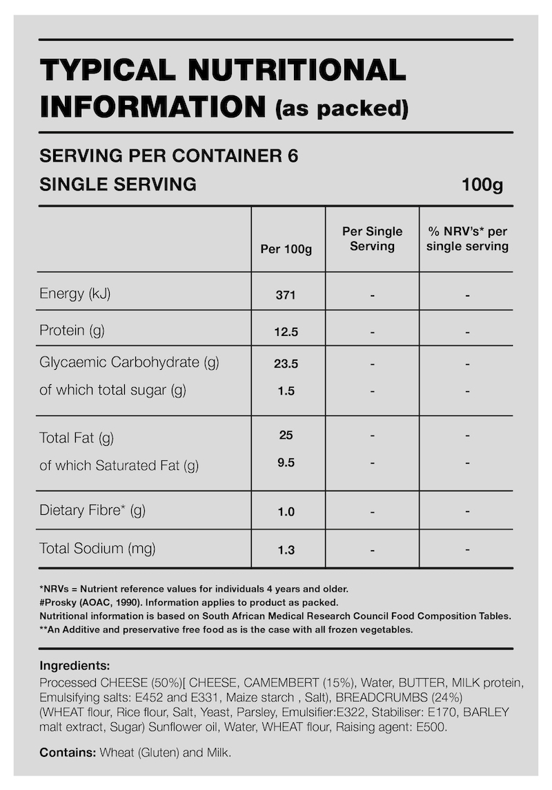 Table with Nutrition Information for the product