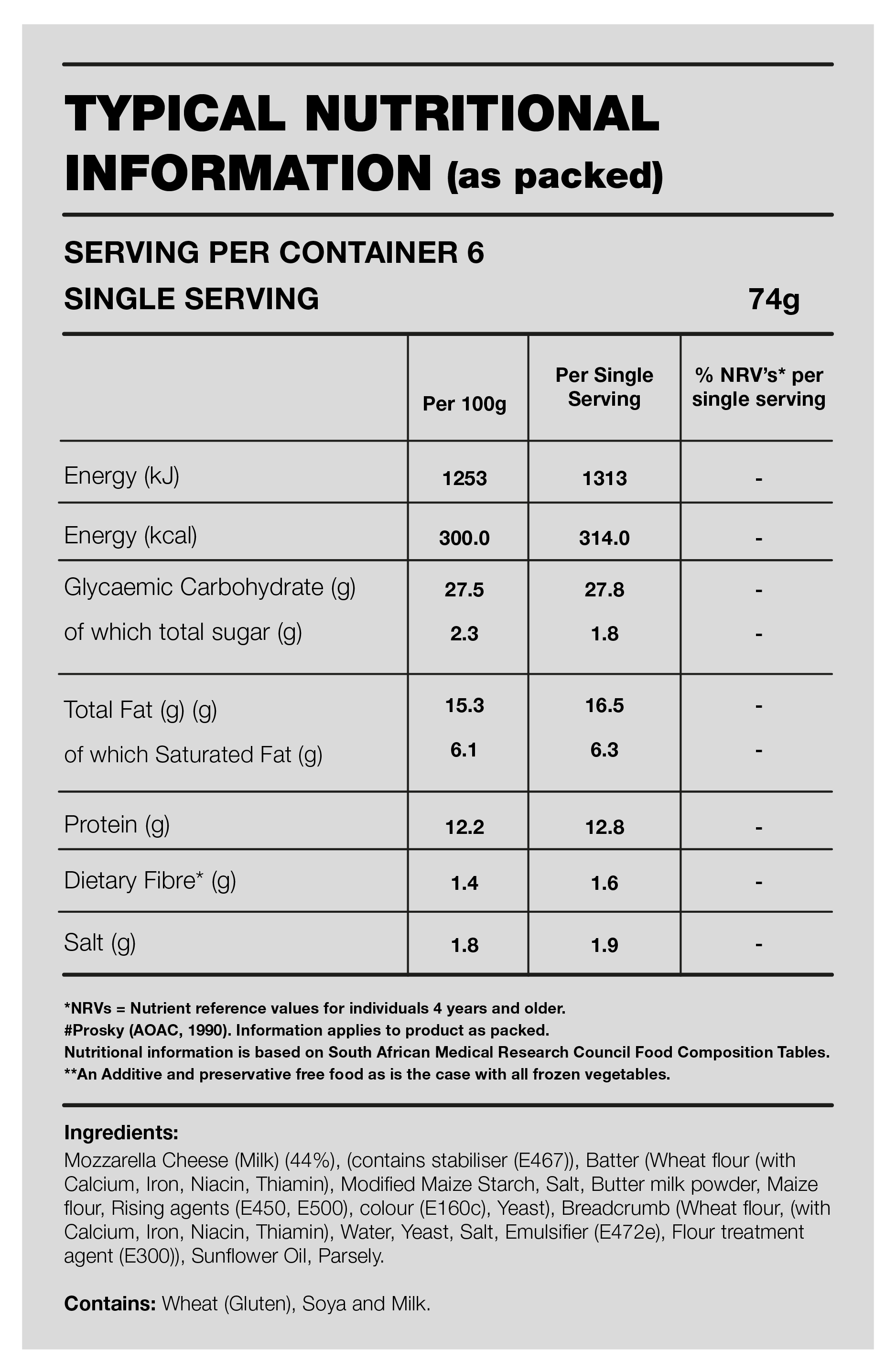 Table with Nutrition Information for the product